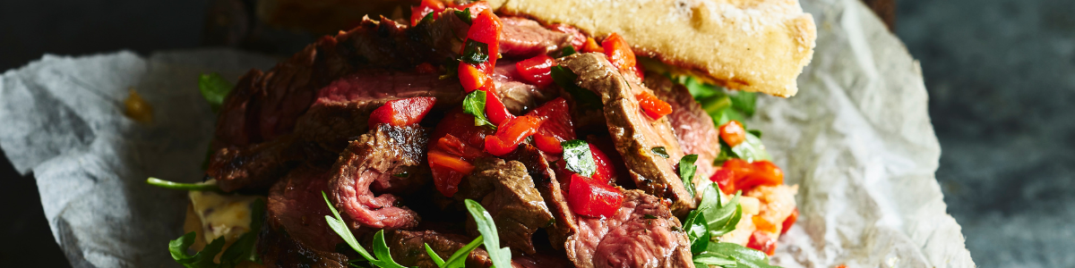 Grilled Steak, Arugula, and Roasted Red Pepper Sandwich